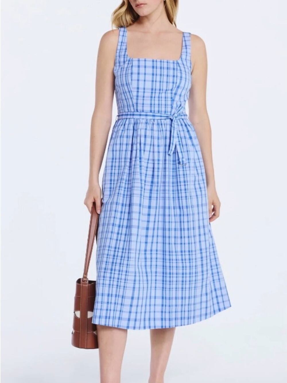 Free Assembly Women's Blue Plaid Sleeveless Belted Midi Dress Size Medium